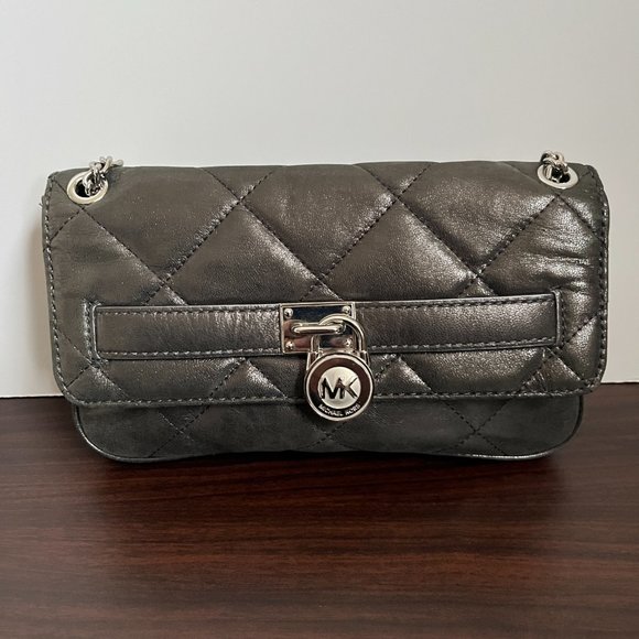 Michael Kors Hamilton Clutch Quilt Flap Shoulder Gray Gunmetal Pewter Metallic - Picture 7 of 11